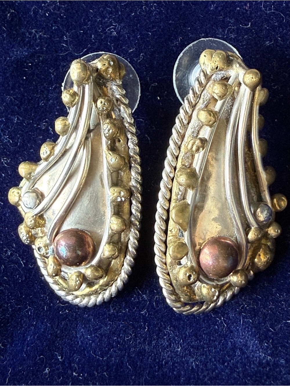 Vintage Modernist  tri metal earrings. Mexico, very nice